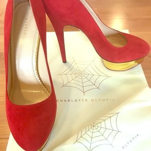 NEW Charlotte Olympia red suede w/gold trim Dolly!